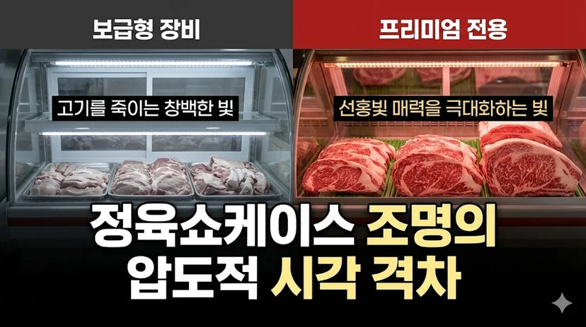 블로그 메인에 걸릴 이미지로, 보급형 조명과 프리미엄 조명 아래의 고기 색감 차이를 극적으로 대비시켜 클릭을 유도합니다.