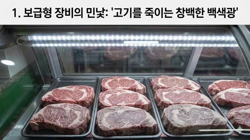 설명: 일반 백색 조명 아래에서 핏기 없이 창백하고 밋밋해 보이는 고기의 모습을 보여주어 보급형 장비의 한계를 시각화했습니다.