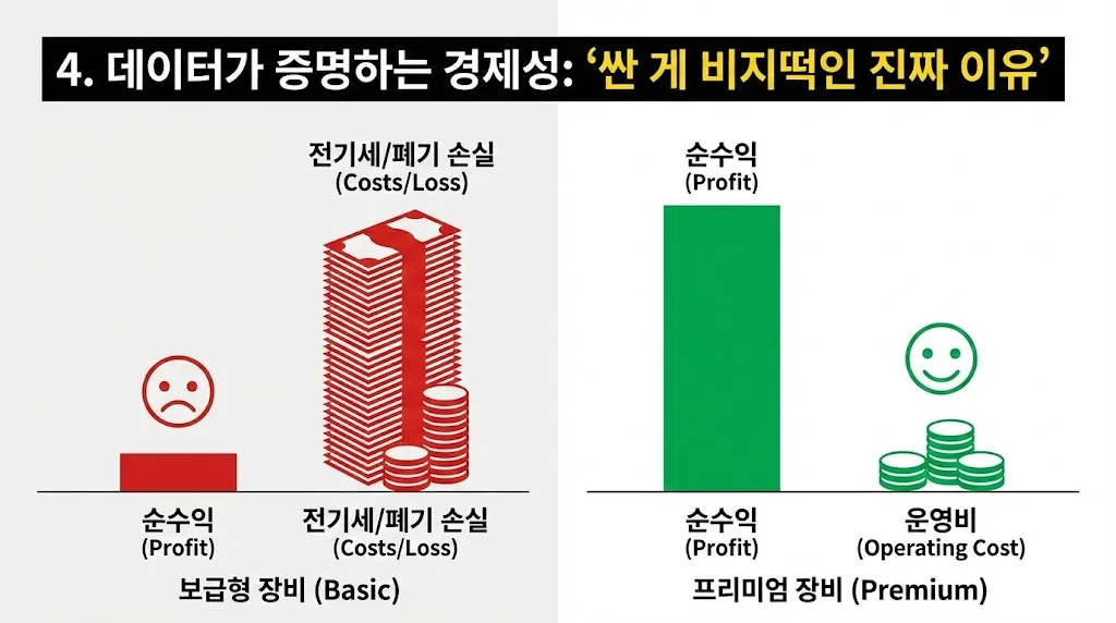 보급형 장비의 높은 손실 비용과 프리미엄 장비의 높은 순수익을 인포그래픽 형태로 비교하여 경제적 우위를 증명합니다.