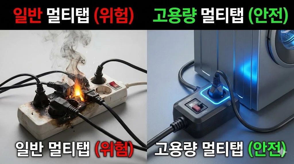 블로그 메인에 걸릴 이미지로, 과부하로 불타는 일반 멀티탭과 안전하게 작동하는 고용량 멀티탭을 극적으로 대비시켜 클릭을 유도합니다.