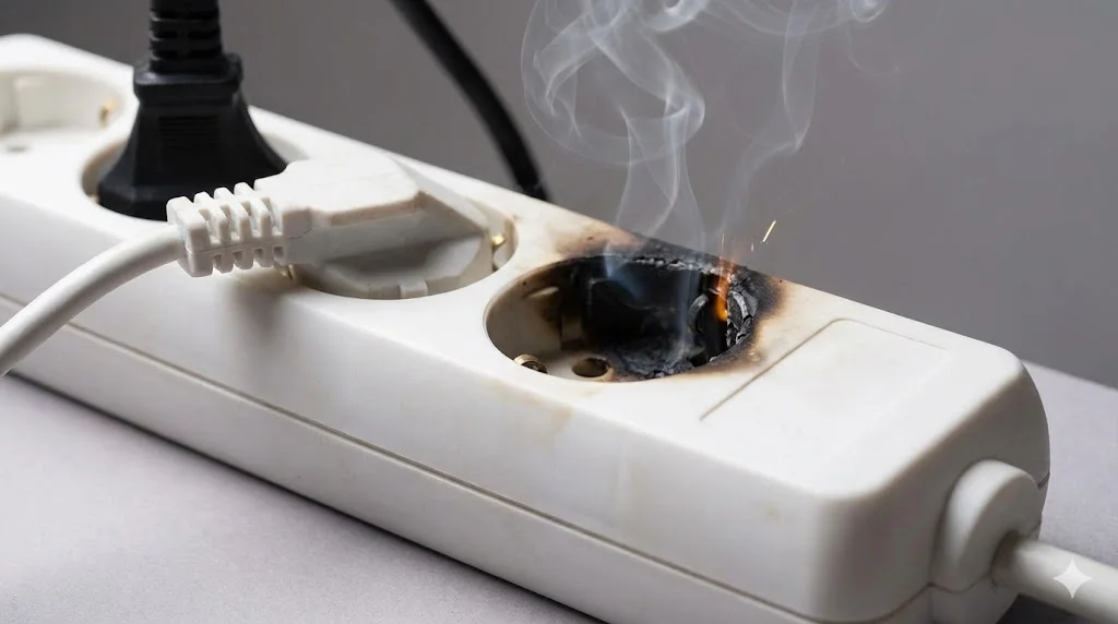 과부하로 인해 플라스틱이 녹고 연기가 나는 일반 멀티탭의 모습을 클로즈업하여 화재의 위험성을 직관적으로 보여줍니다.