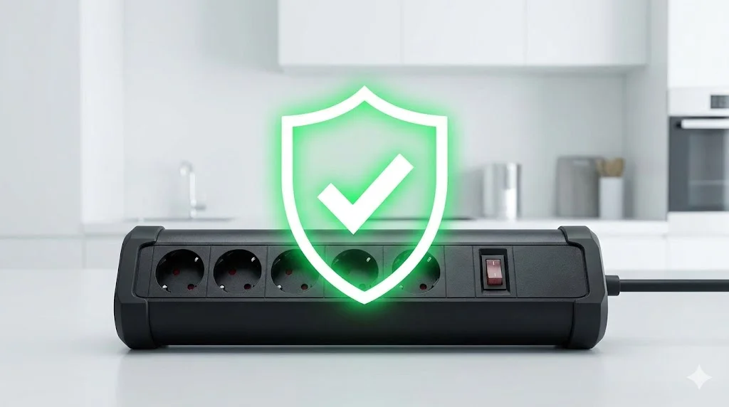 튼튼한 고용량 멀티탭 위에 안전을 상징하는 방패 아이콘을 배치하여, 고용량 멀티탭 사용이 곧 매장의 안전을 위한 보험이라는 메시지를 전달합니다.