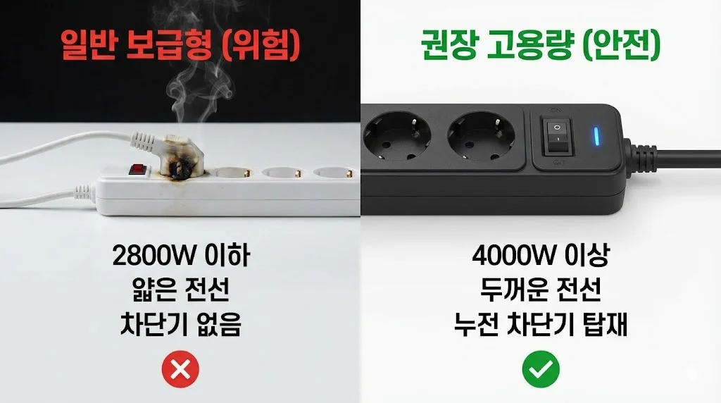 과부하로 녹아내린 일반 보급형 멀티탭(위험)과 안전하게 작동하는 권장 고용량 멀티탭(안전)을 비교하는 인포그래픽 이미지