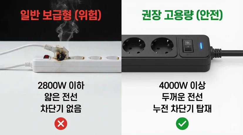 과부하로 녹아내린 일반 보급형 멀티탭(위험)과 안전하게 작동하는 권장 고용량 멀티탭(안전)을 비교하는 인포그래픽 이미지
