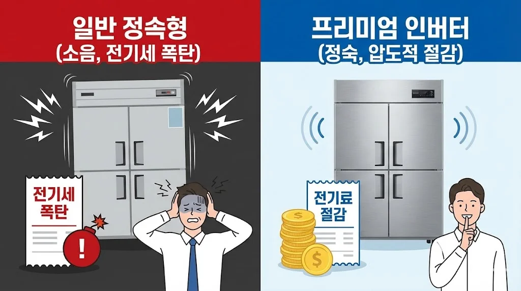 블로그 메인에 걸릴 이미지로, 시끄럽고 돈이 새는 정속형과 조용하고 돈이 모이는 인버터의 차이를 인포그래픽으로 명확하게 대비시켜 클릭을 유도합니다.