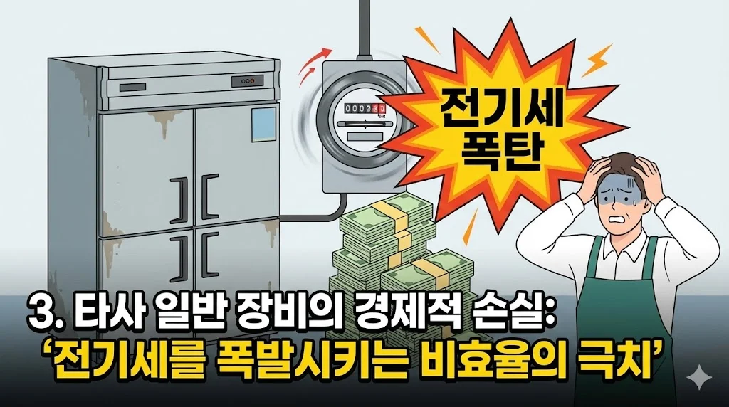 빠르게 돌아가는 전기 계량기와 쌓여가는 전기요금 고지서, 절망하는 사장님의 모습을 통해 정속형 장비의 비효율적인 전력 소모를 인포그래픽으로 표현했습니다.