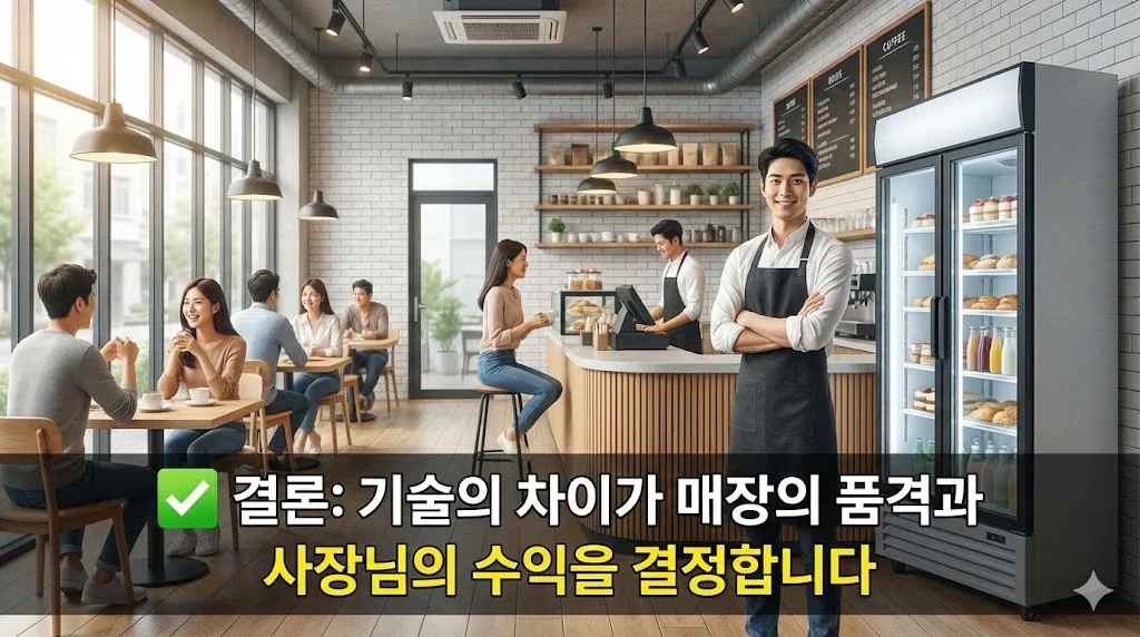 성공적인 매장 운영의 모습과 행복한 사장님, 손님들의 모습을 통해 인버터 기술 도입이 가져오는 긍정적인 결과와 최종 메시지를 시각화했습니다.