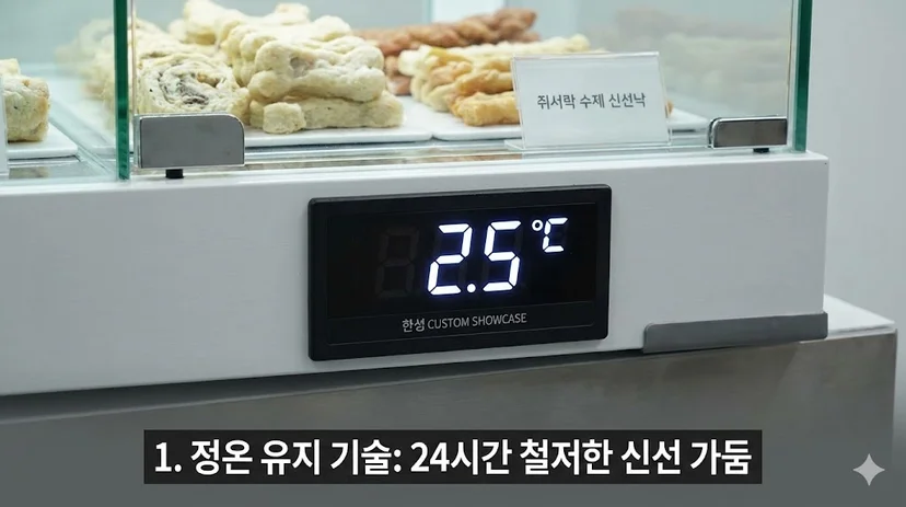 한성쇼케이스의 디지털 온도계가 일정한 온도를 유지하는 모습을 클로즈업하여 신선도 관리의 핵심인 정온 기술을 강조합니다.