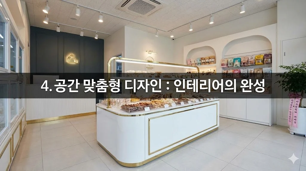 매장 인테리어와 완벽하게 조화된 맞춤형 한성쇼케이스의 전체적인 모습을 보여주며 공간 활용과 디자인의 우수성을 보여줍니다.