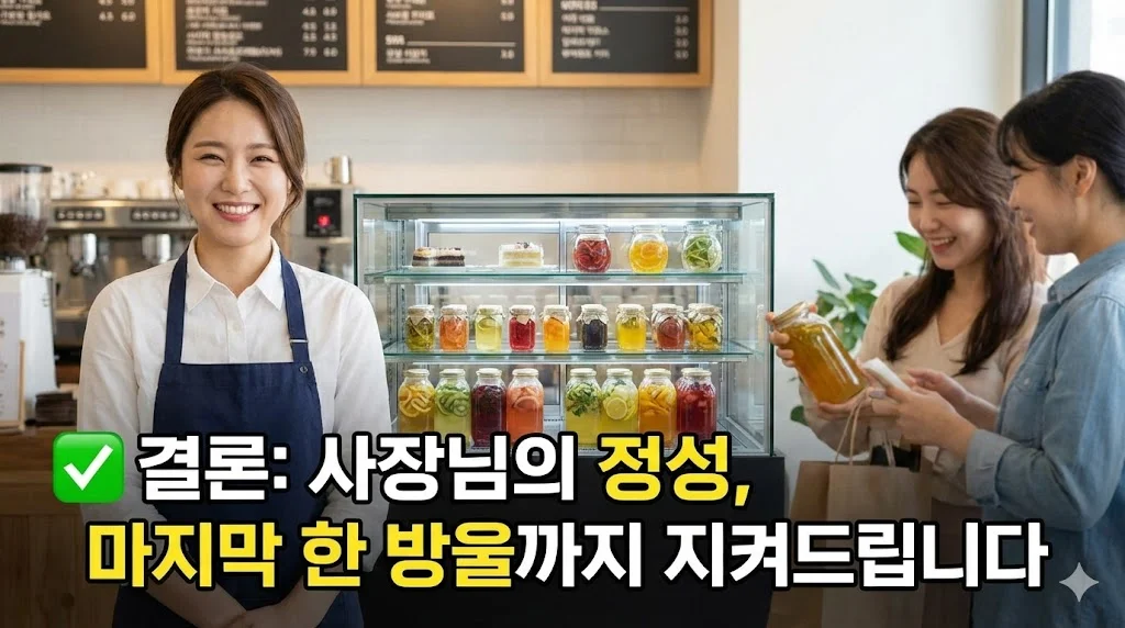 한성쇼케이스가 설치된 매장에서 행복하게 수제청을 판매하는 사장님과 고객의 모습을 통해 성공적인 창업의 이미지를 전달하며 글을 마무리합니다.