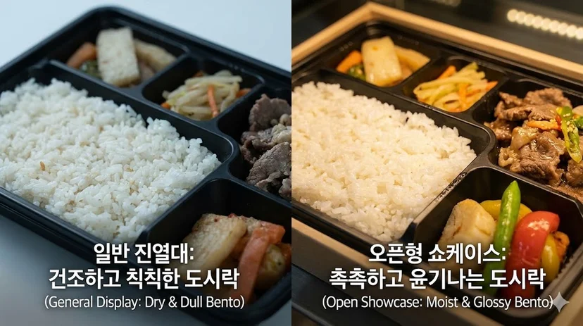 도시락 자체에 초점을 맞춰, 건조하고 맛없어 보이는 일반 진열대 도시락과 촉촉하고 윤기가 흐르는 오픈형 쇼케이스 도시락의 질감 차이를 극명하게 보여주는 대표 이미지입니다.