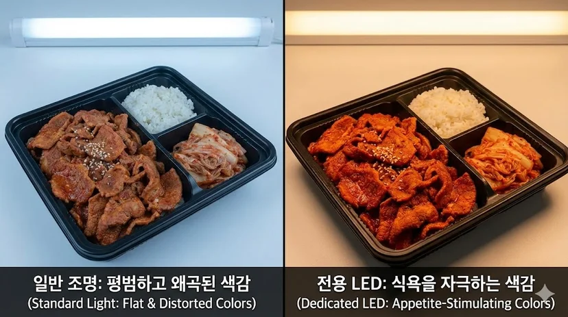 같은 도시락이라도 조명에 따라 색감과 먹음직스러움이 얼마나 달라지는지 비교하여 전용 LED의 효과를 보여줍니다.