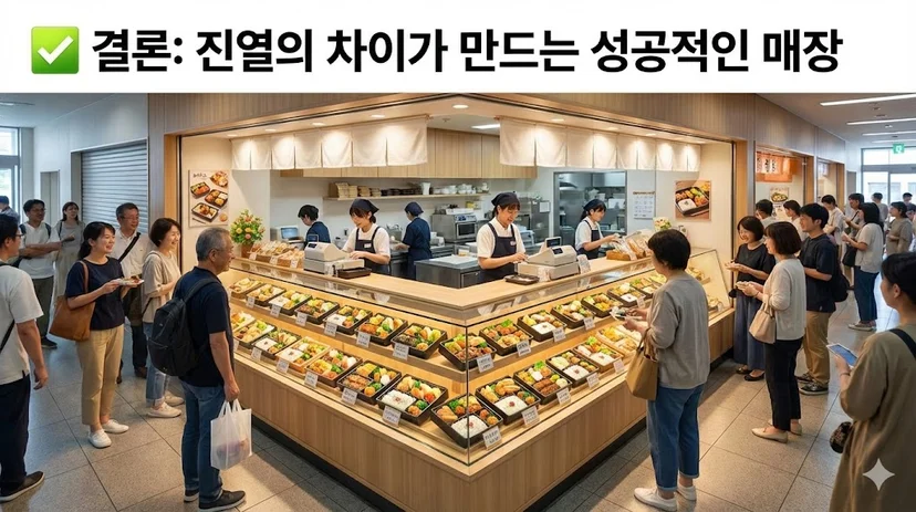 오픈형 쇼케이스를 도입하여 많은 고객으로 붐비는 활기차고 성공적인 도시락 매장의 모습을 통해 글을 마무리합니다.