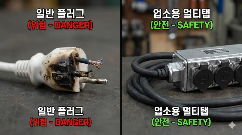 과부하로 녹은 일반 플러그와 튼튼한 업소용 멀티탭의 안전성 비교