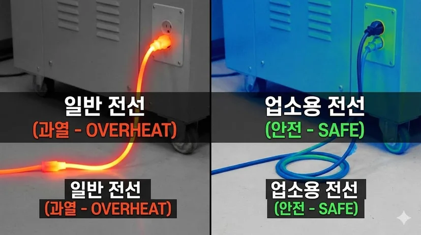 열화상 카메라로 본 일반 전선의 과열과 업소용 전선의 안전한 온도 비교
