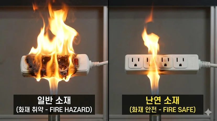 일반 소재 멀티탭과 난연 소재 멀티탭의 화재 안전성 비교 테스트