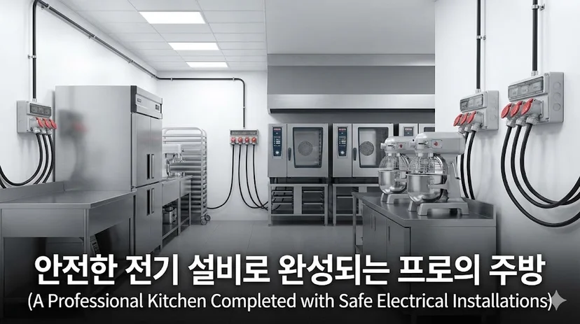 안전한 전기 설비가 완비된 전문적이고 깔끔한 상업용 주방의 모습