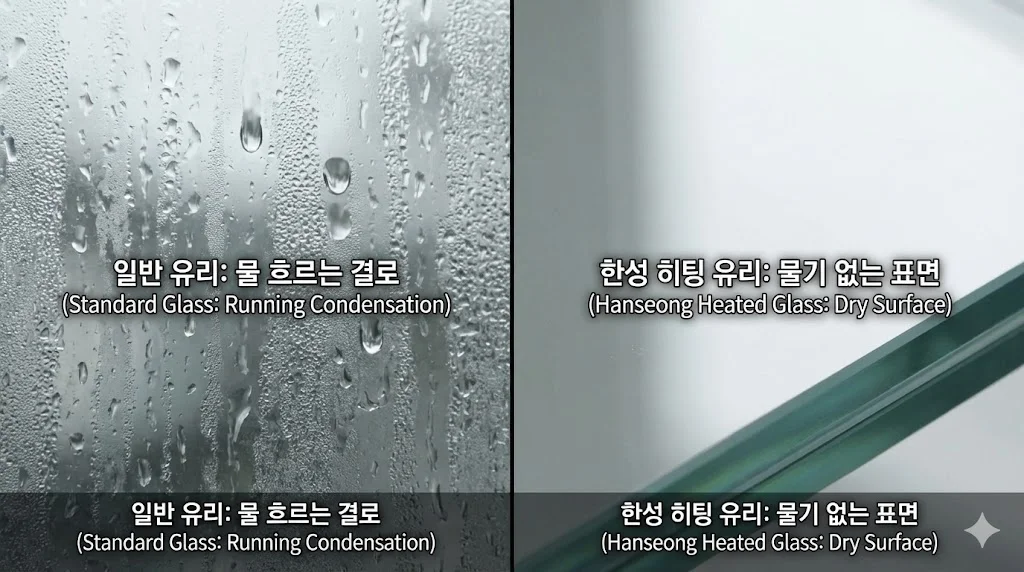 이전의 전체적인 비교와 달리, 유리 표면 자체의 질감을 극단적으로 클로즈업하여 결로의 심각성과 히팅 글라스의 완벽함을 직관적으로 보여주는 대표 이미지입니다.