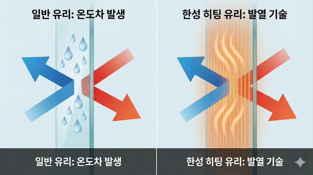 실사가 아닌 그래픽 요소를 사용하여, 온도차로 결로가 생기는 원리와 발열 기술로 이를 해결하는 원리를 과학적이고 알기 쉽게 표현했습니다.