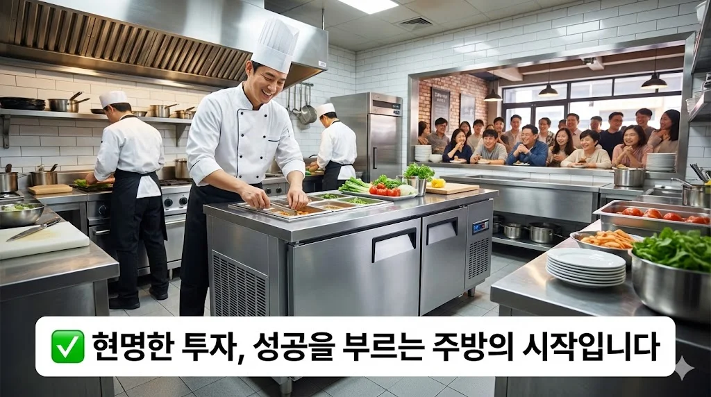 신규 제작 테이블 냉장고를 사용하는 활기찬 성공 식당의 모습을 통해, 현명한 투자가 가져오는 긍정적인 미래를 시각적으로 전달하며 글을 마무리합니다.