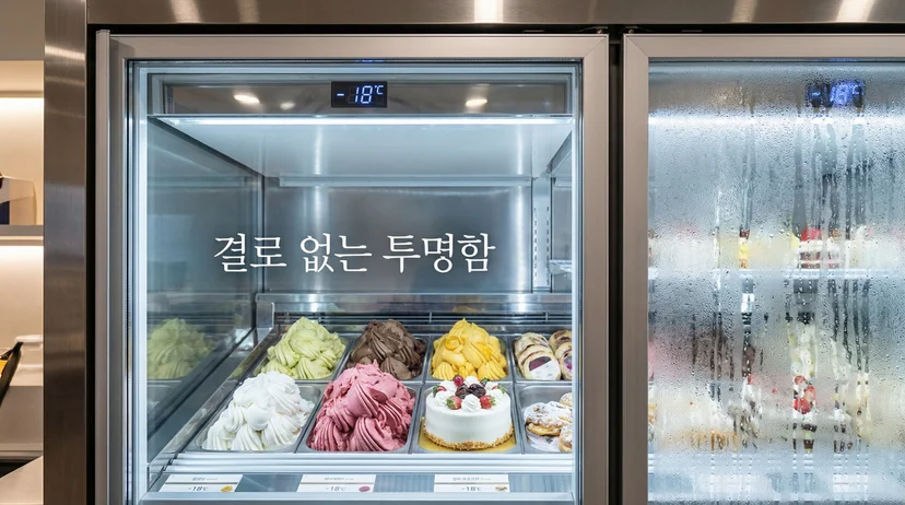결로 현상 없이 투명하게 내부 제품을 보여주는 프리미엄 유리의 성능을 강조