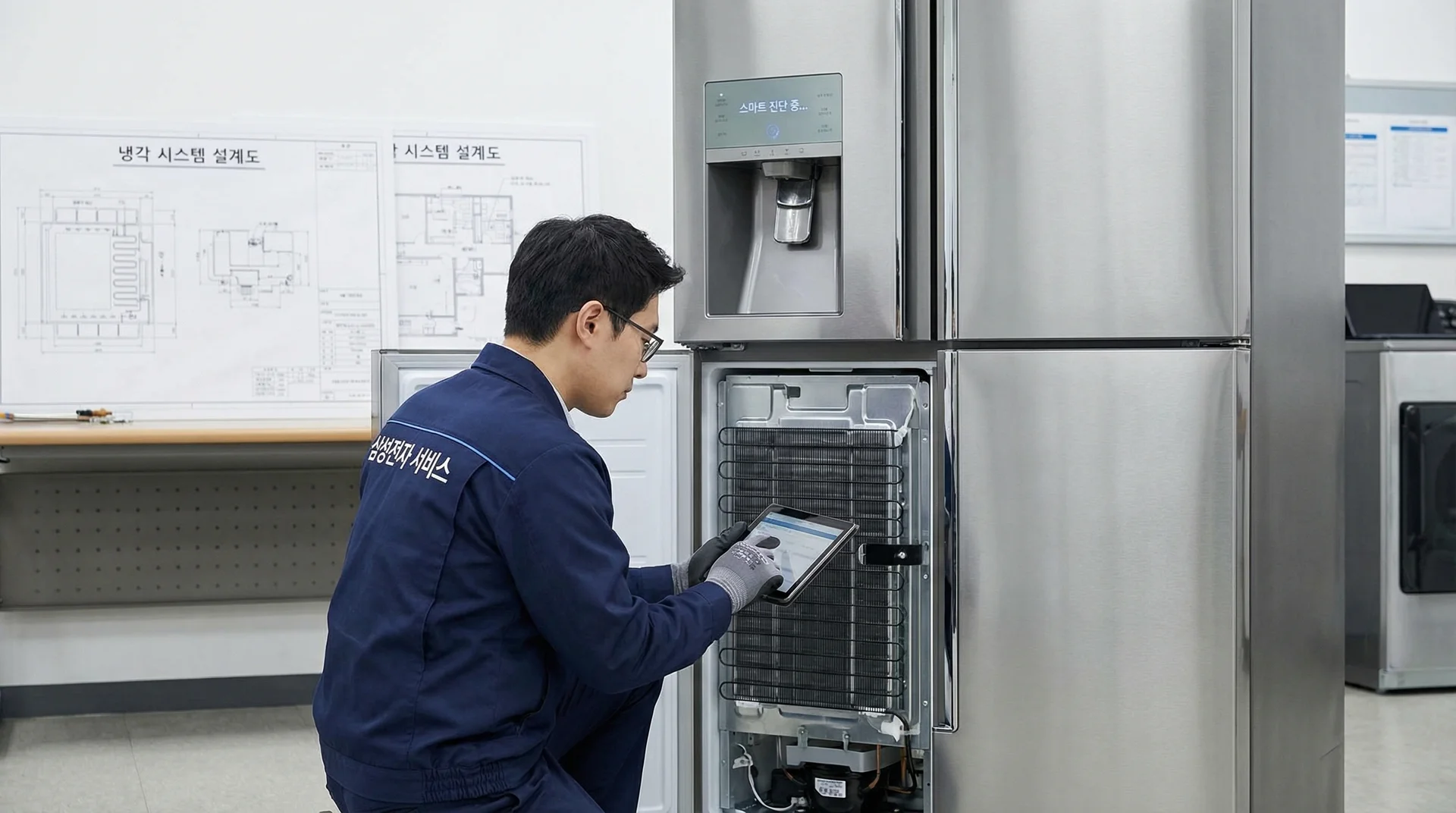 전문 엔지니어가 쇼케이스의 내부 설계를 꼼꼼하게 점검하는 모습