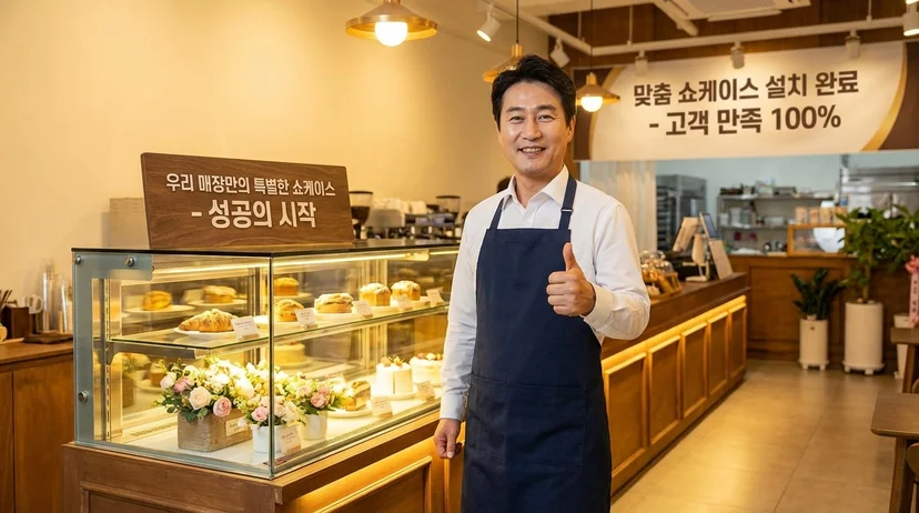완성된 커스텀 쇼케이스를 보고 만족스럽게 미소 지으며 엄지손가락을 치켜세우는 점주의 모습