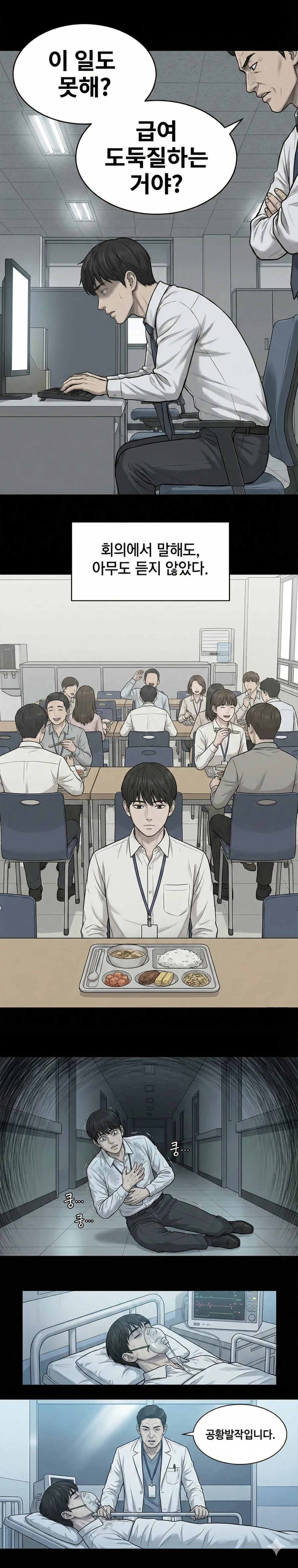 직장 내 괴롭힘으로 상사의 폭언과 따돌림을 겪은 직장인이 공황장애 진단을 받고 산재 신청을 고민하는 상황을 표현한 웹툰 이미지