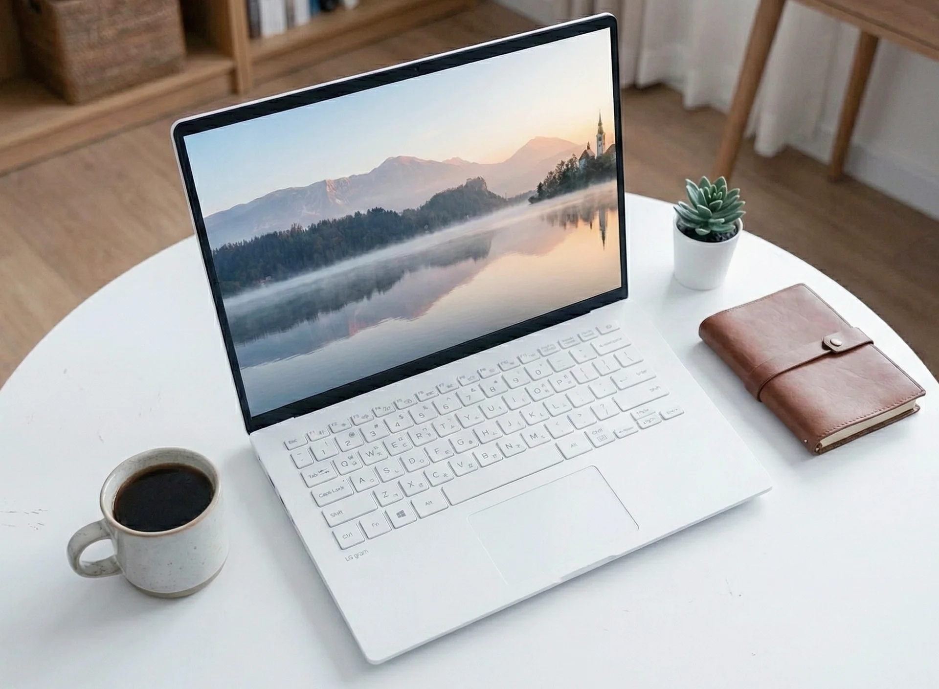 검정 베젤과 화이트 색상의 lg 그램 프로 17 노트북이 열려있고, 카페 테이블에 놓여져있는 모습