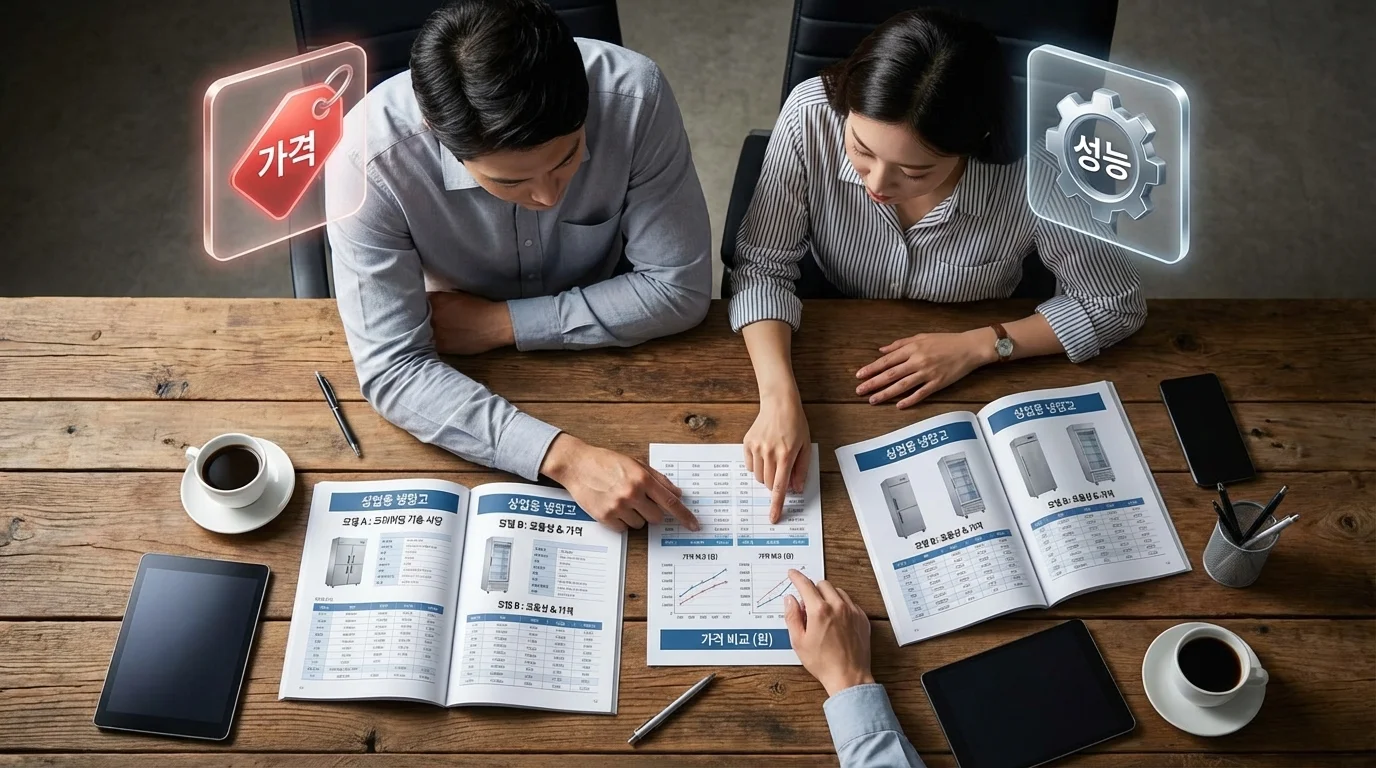 두 명의 예비 창업자가 쇼케이스 카탈로그를 펼쳐놓고 가격과 성능 지표를 진열된 실제 제품과 대조하며 진지하게 고민하는 모습