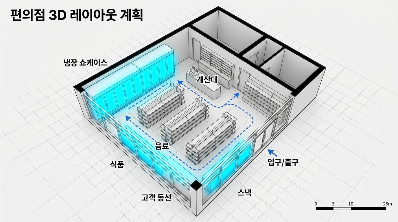 매장 공간에 맞춘 최적화된 쇼케이스 배치 레이아웃