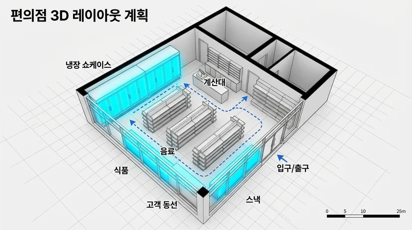 매장 공간에 맞춘 최적화된 쇼케이스 배치 레이아웃