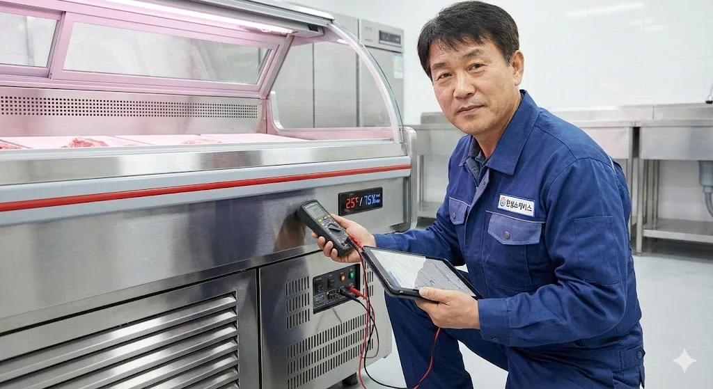 "한성쇼케이스 본사 엔지니어가 정밀 장비를 활용해 정육 쇼케이스의 디지털 온도 및 습도 제어 시스템을 점검하는 모습"