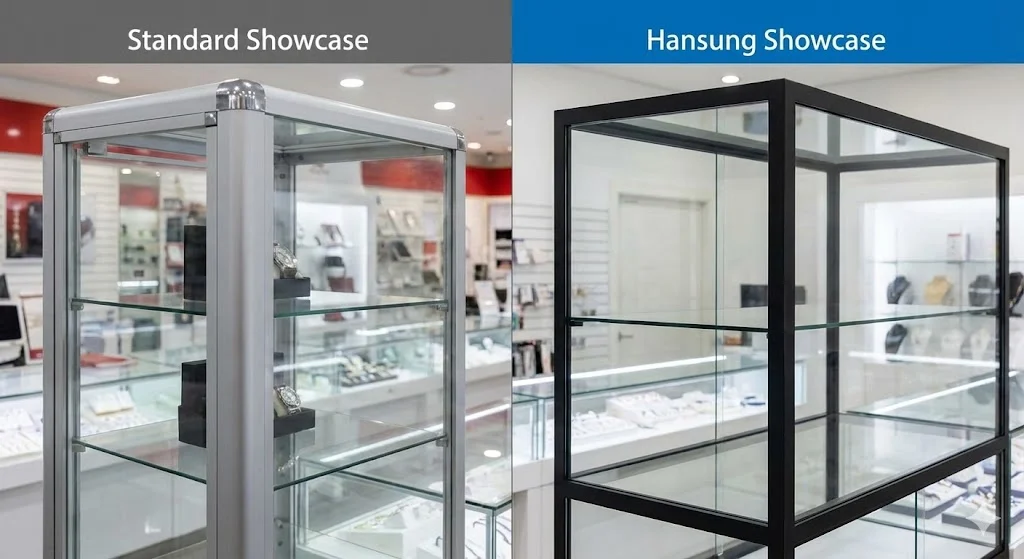 "시야를 가리는 투박한 일반 쇼케이스 프레임과 개방감을 높인 한성쇼케이스의 초슬림 미니멀 프레임 디자인 비교"