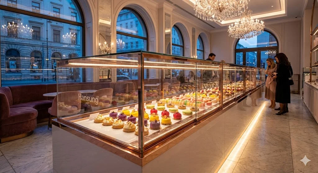 로즈골드 프레임의 프리미엄 제과쇼케이스가 설치된 고급스러운 디저트 카페 전경