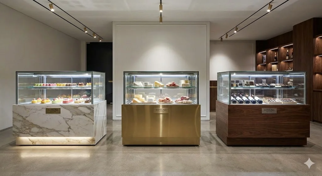 대리석, 골드 스텐 등 다양한 소재로 제작된 맞춤형 베이커리 쇼케이스들