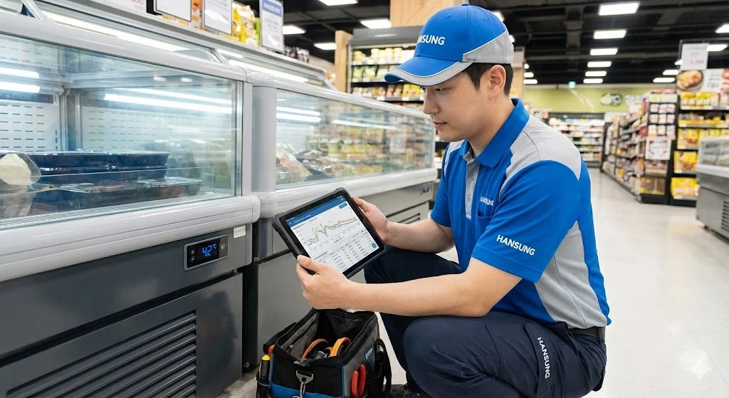 기술 전문가가 베이커리 쇼케이스의 스마트 제어 시스템을 정밀 점검하는 모습