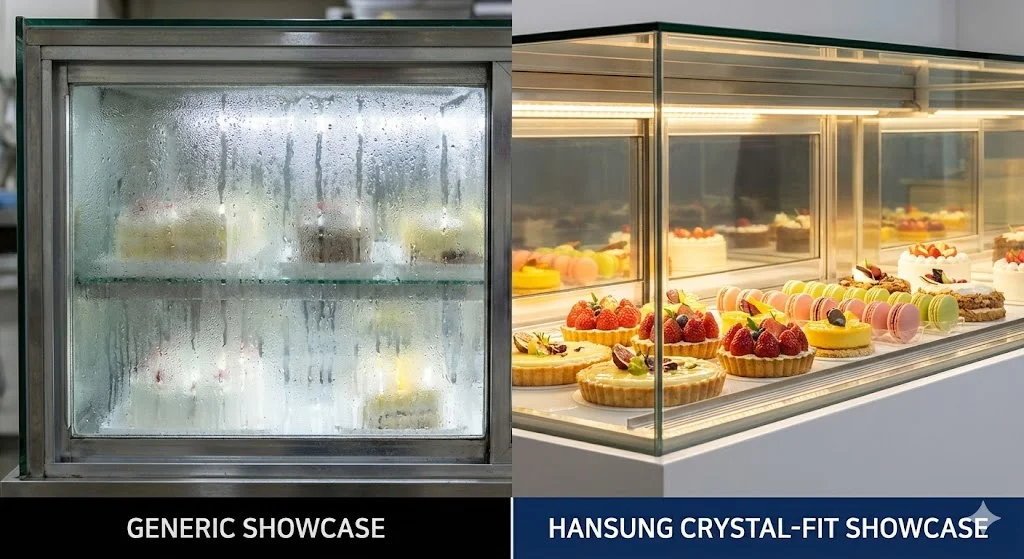 일반 제품과 국내 1위 브랜드 베이커리 쇼케이스의 결로 방지 기술 비교 이미지
