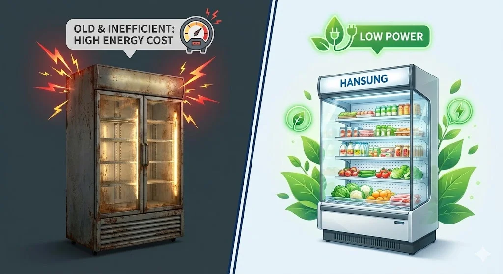 낡고 효율이 낮은 구형 업소용냉장쇼케이스와 에너지 절감 효과가 뛰어난 프리미엄 한성쇼케이스를 비교한 인포그래픽 이미지. 왼쪽은 전기세가 낭비되고 수익이 손실되는 모습을, 오른쪽은 한성쇼케이스의 정밀 냉각 기술로 전력을 아끼고 수익을 쌓는 스마트한 저축 과정을 시각적으로 대조하여 보여줌. 