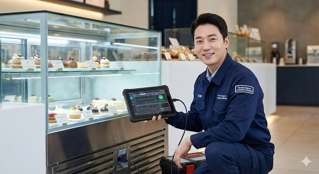 깔끔한 남색 유니폼과 서비스 전문가 배지를 착용한 전문 엔지니어가 미소를 지으며 최첨단 한성쇼케이스를 점검하는 모습. 태블릿 PC 등 디지털 진단 장비를 활용하여 쇼케이스의 냉각 시스템과 상태를 정밀하게 체크하고 있으며, 신뢰감 있고 전문적인 서비스 분위기를 전달함.