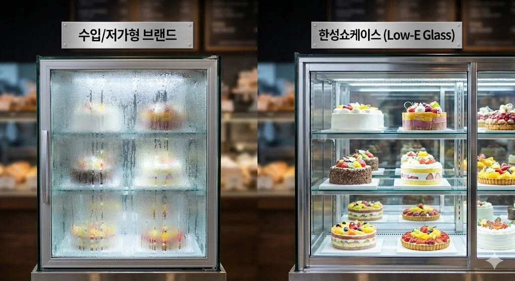 일반 쇼케이스의 심한 결로 현상과 한성쇼케이스의 선명한 유리 비교 사진