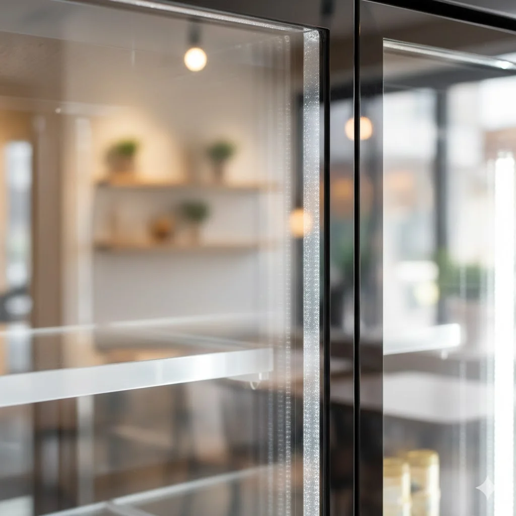 결로 방지 기술이 적용된 깨끗한 냉장쇼케이스 유리면 상세 사진.