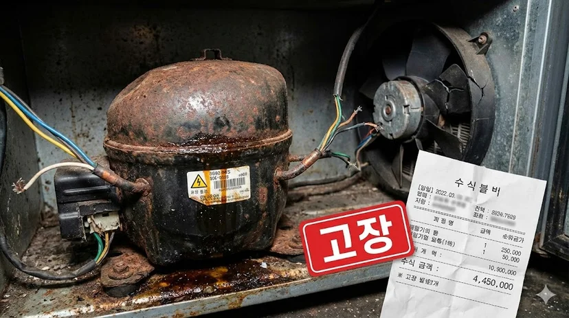 저가형 냉장고의 부식된 콤프레셔와 고장 수리비 영수증
