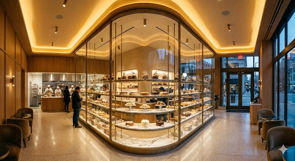 인테리어와 조화롭게 설치된 맞춤형 곡선 유리 쇼케이스