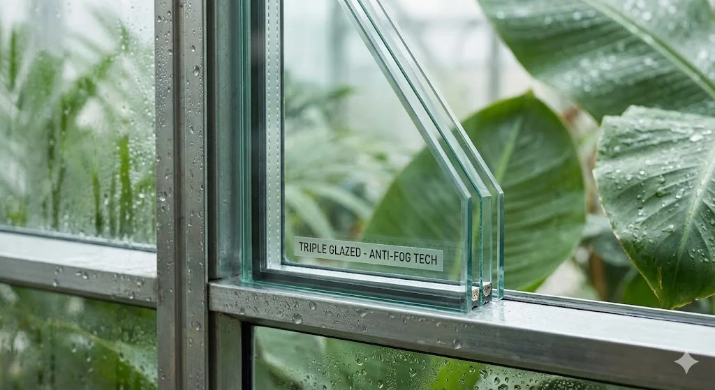 결로 없이 깨끗한 쇼케이스 유리 표면 상세 컷