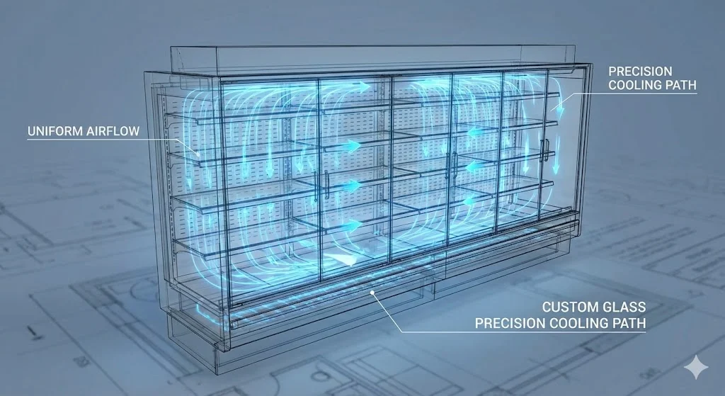 쇼케이스 내부의 정밀한 공기 순환을 보여주는 3D 도식