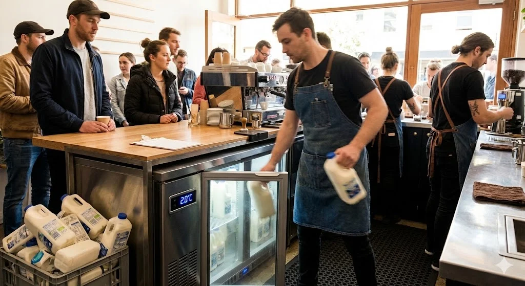 바쁜 카페에서 바리스타가 수시로 사용하는 업소용 우유냉장고 모습
