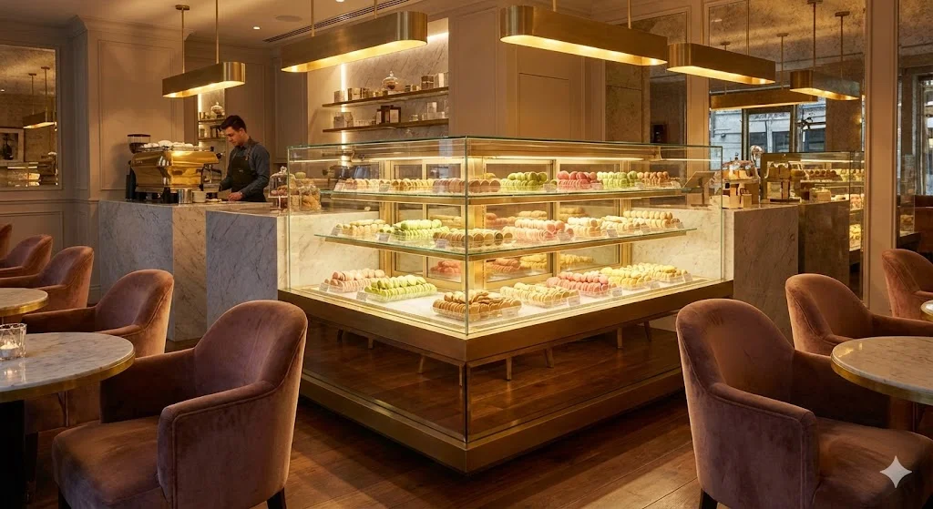 고급스러운 디저트 카페 내부에 설치된 프레임리스 마카롱쇼케이스