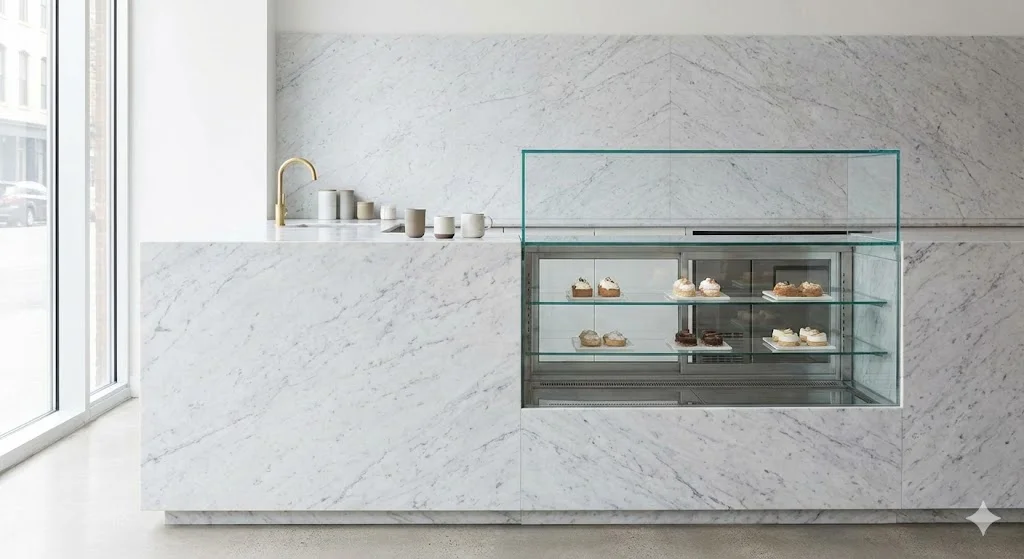 카페 인테리어와 완벽하게 조화를 이루는 매립형 마카롱쇼케이스