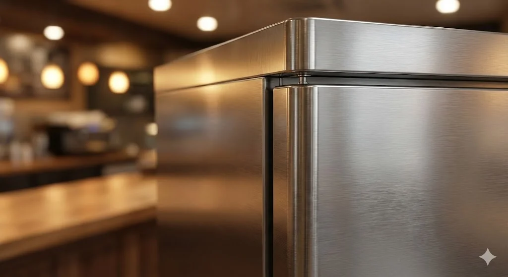 한성쇼케이스 샌드위치쇼케이스에 사용된 고품질 SUS304 스테인리스 스틸 마감 근접 촬영 사진